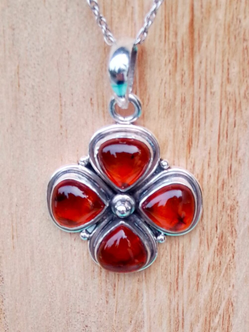 Vintage 925 Sterling Silver Amber Flower Pendant Necklace 18" Floral Statement
